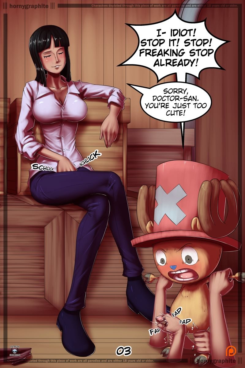 after orgasm, after rape, black hair, black-haired female, dialogue, fapping, female, handjob, hornygraphite, interspecies, male, nico robin, one piece, penis, straight, tits, tony tony chopper