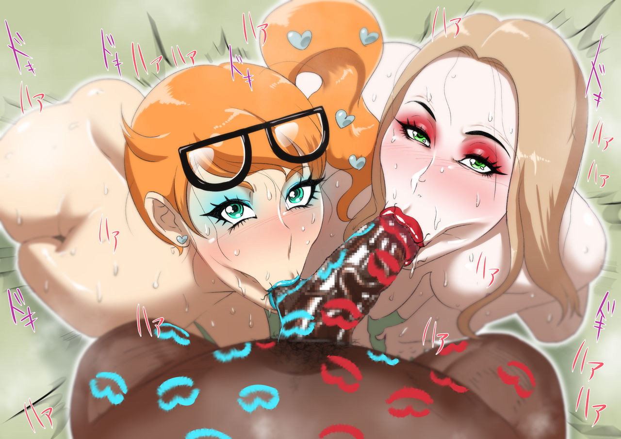 :>=, 1boy, 2girls, areolae, balls, balls sucking, big penis, blush, breasts, collaborative fellatio, cyan kiss mark, cyan lips, cyan lipstick, cyan lipstick mark, dark skin, dark-skinned male, earrings, eyewear on head, fellatio, female, glasses, glasses on head, heart-shaped pupils, interracial, kiss, kiss mark, kissing, kissing penis, large penis, licking, lipstick, lipstick mark, lipstick on balls, lipstick on penis, long hair, looking at viewer, male, multiple females, multiple girls, naked, nintendo, oleana (pokemon), penis, pokemon, pokemon ss, ponytail, pubic hair, pubic hair in mouth, pubic hair peek, rainbow party, red kiss mark, red lips, red lipstick, red lipstick mark, saliva, side ponytail, sonia (pokemon), stray pubic hair, sweat, teamwork, tongue, tongue out, veiny penis, zxcv