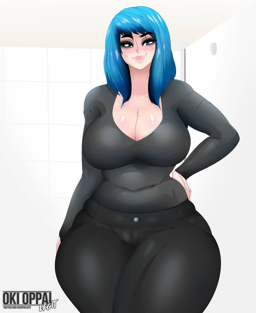 big breasts, blue hair, breasts, curvy, dyed hair, eyelashes, eyeshadow, female, lips, lipstick, looking at viewer, okioppai, seductive, seductive smile, smile, thick, thick thighs, thighs, wide hips