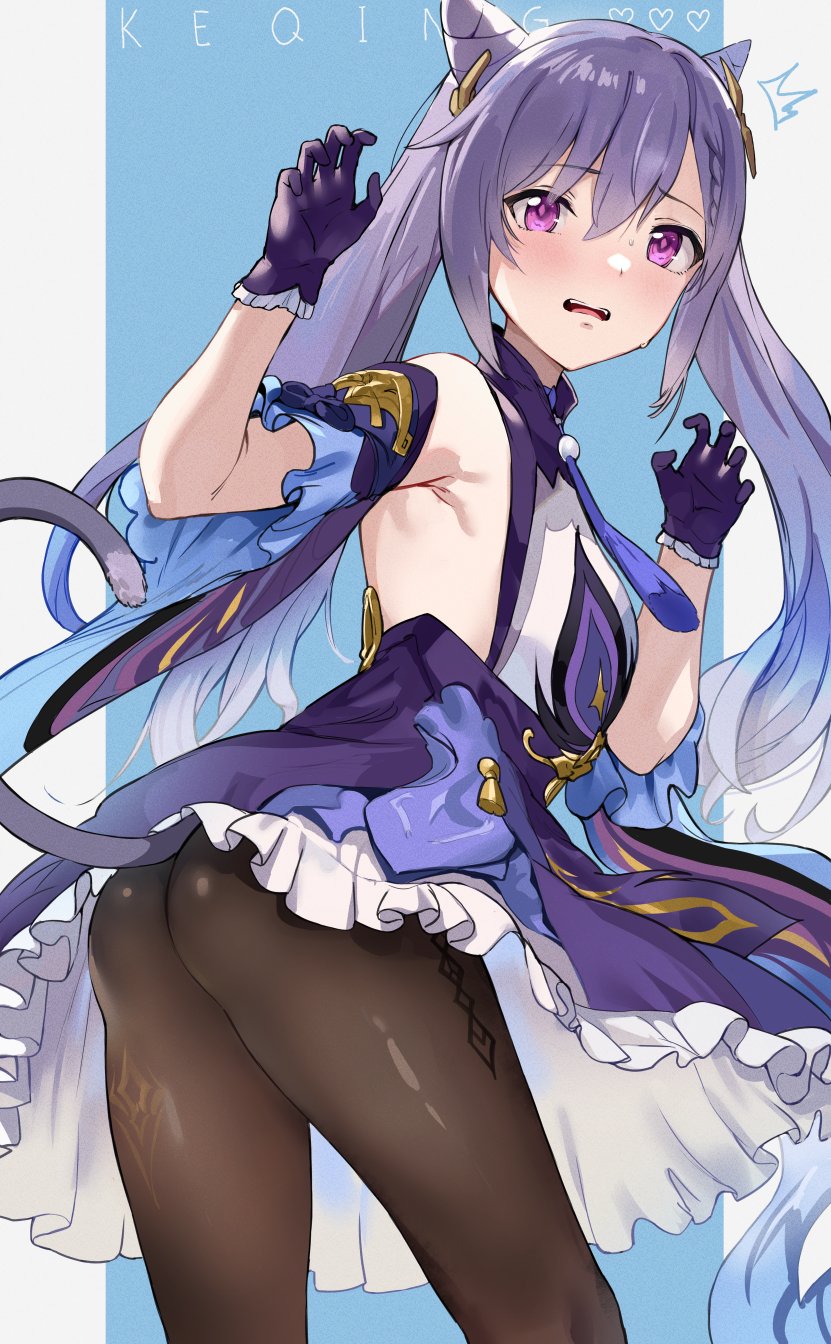 ass, bangs, blush, breasts, brown legwear, cat tail, character name, double bun, dress, female, frilled gloves, frills, genshin impact, gloves, hair ornament, hands up, hews hack, highres, keqing (genshin impact), long hair, looking at viewer, looking back, open mouth, pantyhose, purple eyes, purple gloves, purple hair, small breasts, tail, thighs, twintails