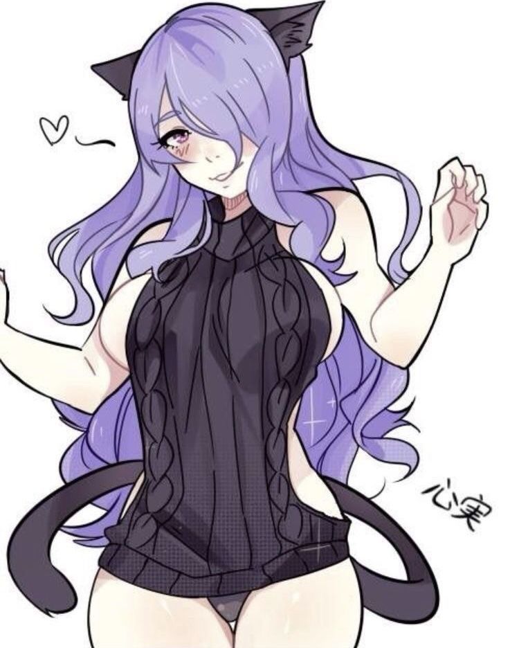 1girls, artist request, bare thighs, big breasts, black panties, breasts, camilla (fire emblem), cat ears, cat girl, cat tail, female, fire emblem, fire emblem fates, grin, heart, large breasts, long hair, looking at viewer, lowres, nintendo, one eye covered, panties, pantyshot, purple hair, purple skin, sideboob, smile, solo, solo female, source request, sweater, thighs, virgin killer sweater, wavy hair