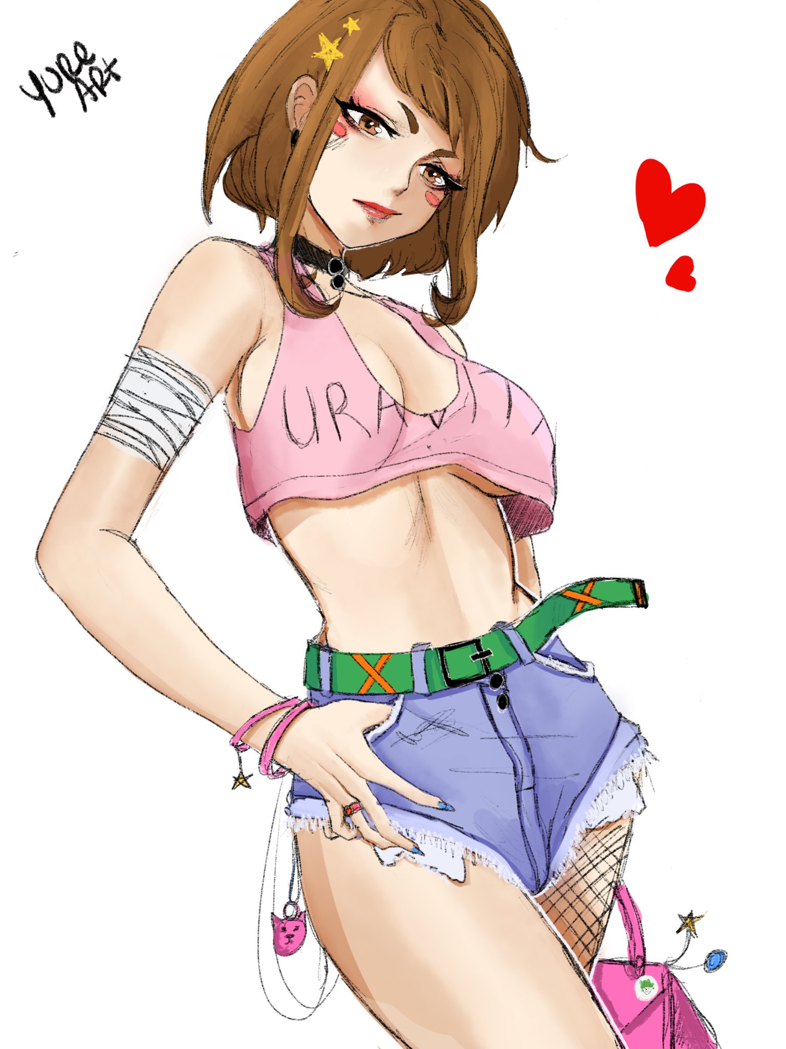 1girls, bandage, belt, bimbo, bimbofied, blush stickers, bob cut, bracelet, breasts, brown eyes, brown hair, brown-haired female, choker, cleavage, crop top, eyeshadow, female, female only, fishnets, hand on hip, heart, lipstick, looking at viewer, makeup, midriff, my hero academia, nail polish, ochako uraraka, purse, ring, short hair, short shorts, shorts, sideboob, skimpy, skimpy clothes, solo, tank top, underboob, white background, yureart