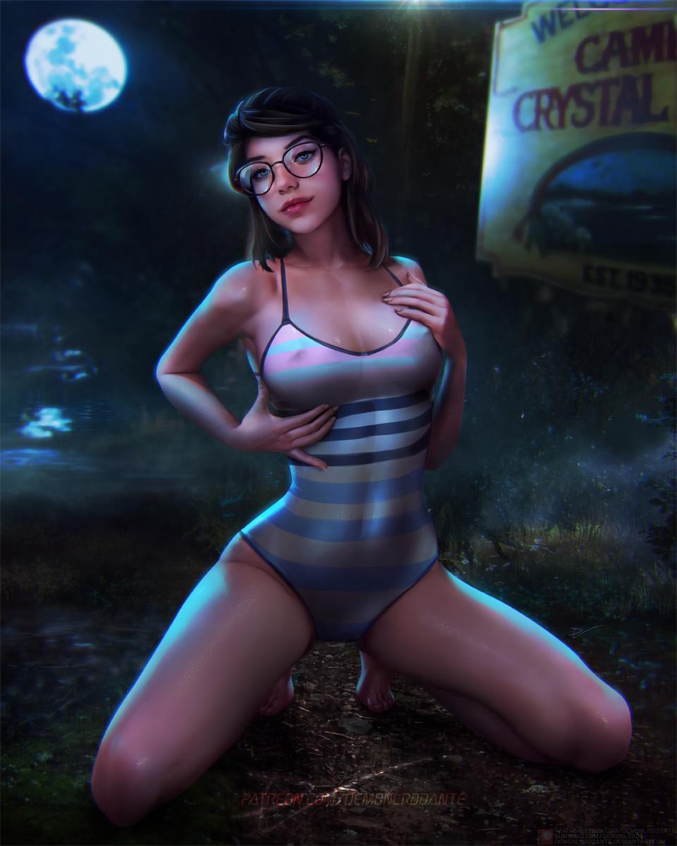 1girls blue_eyes brown_hair deborah_kim demonlorddante female female_only friday_the_13th friday_the_13th:_the_game glasses kneeling looking_at_viewer moon night nipple_bulge one-piece_swimsuit outdoors pinup pond pose river smile solo solo_focus swimsuit