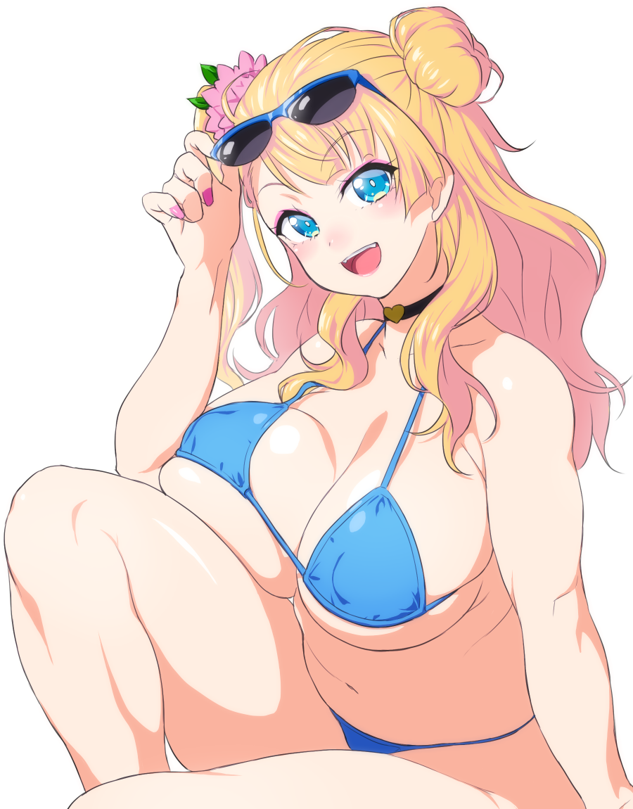 1girls 5_fingers :d asymmetrical_hair belly bikini blonde_hair blue_bikini blue_eyes blush breast_press breasts choker cleavage eyewear_on_head fat_folds female female_only female_protagonist fingernails flower flower_in_hair galko gyaru hair hair_ribbon human large_breasts long_fingernails long_hair looking_at_viewer nail_polish navel one_side_up onsoku_inu open_mouth oshiete!_galko-chan plump png ribbon scrunchie side_bun smile solo string_bikini sunglasses swimsuit transparent_background