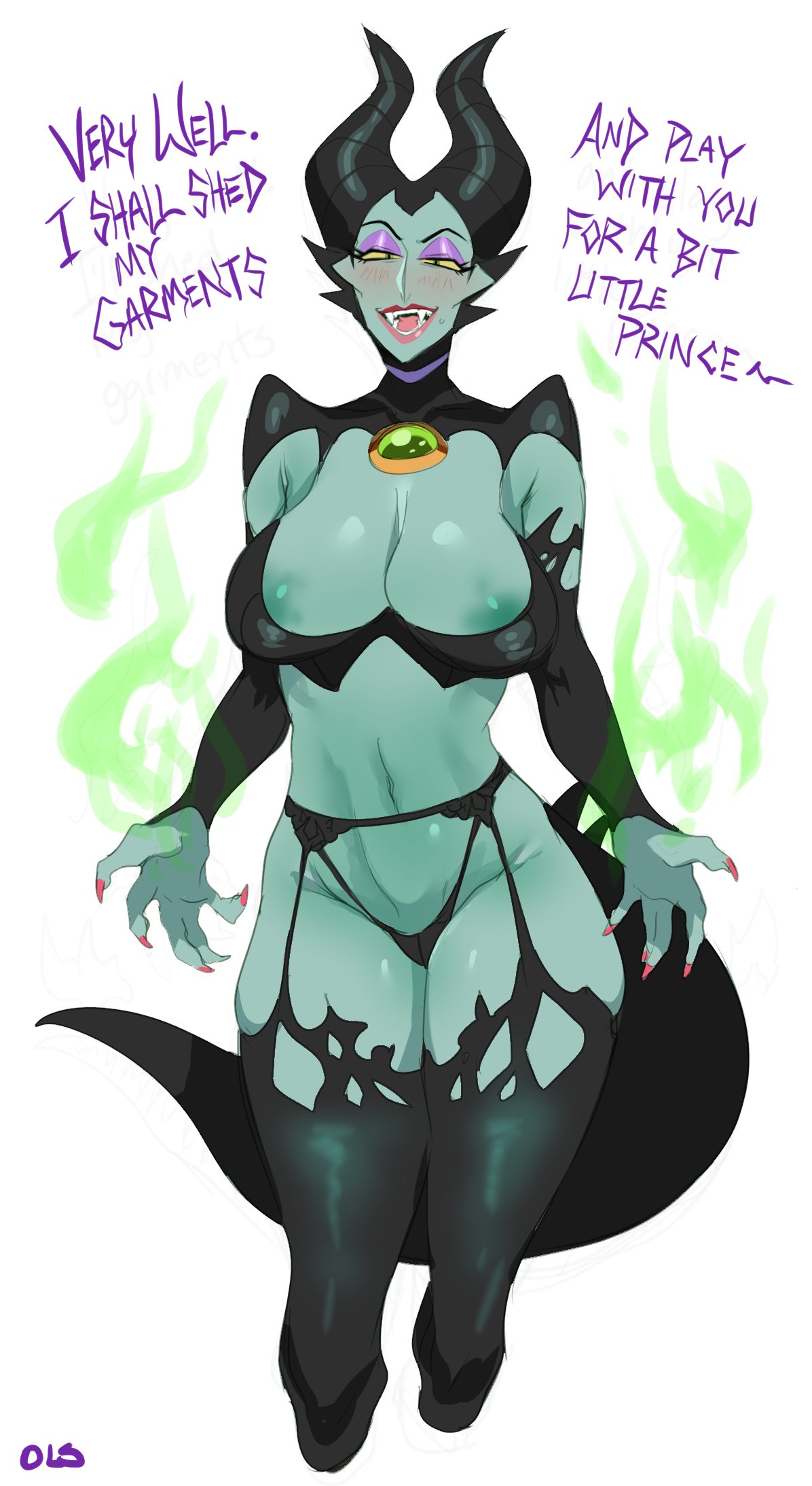1girls, areola slip, black eyes, blush, breasts, chest jewel, cleavage, dialogue, disney, disney villains, english text, eyeshadow, fangs, female, female only, fire, garter belt, green skin, highres, horns, lightsource, looking at viewer, maleficent, narrowed eyes, open mouth, partially clothed, red nails, sharp nails, side-tie panties, sleeping beauty (1959 film), slit pupils, solo, solo female, stockings, tail, thick thighs, white background, witch, yellow sclera