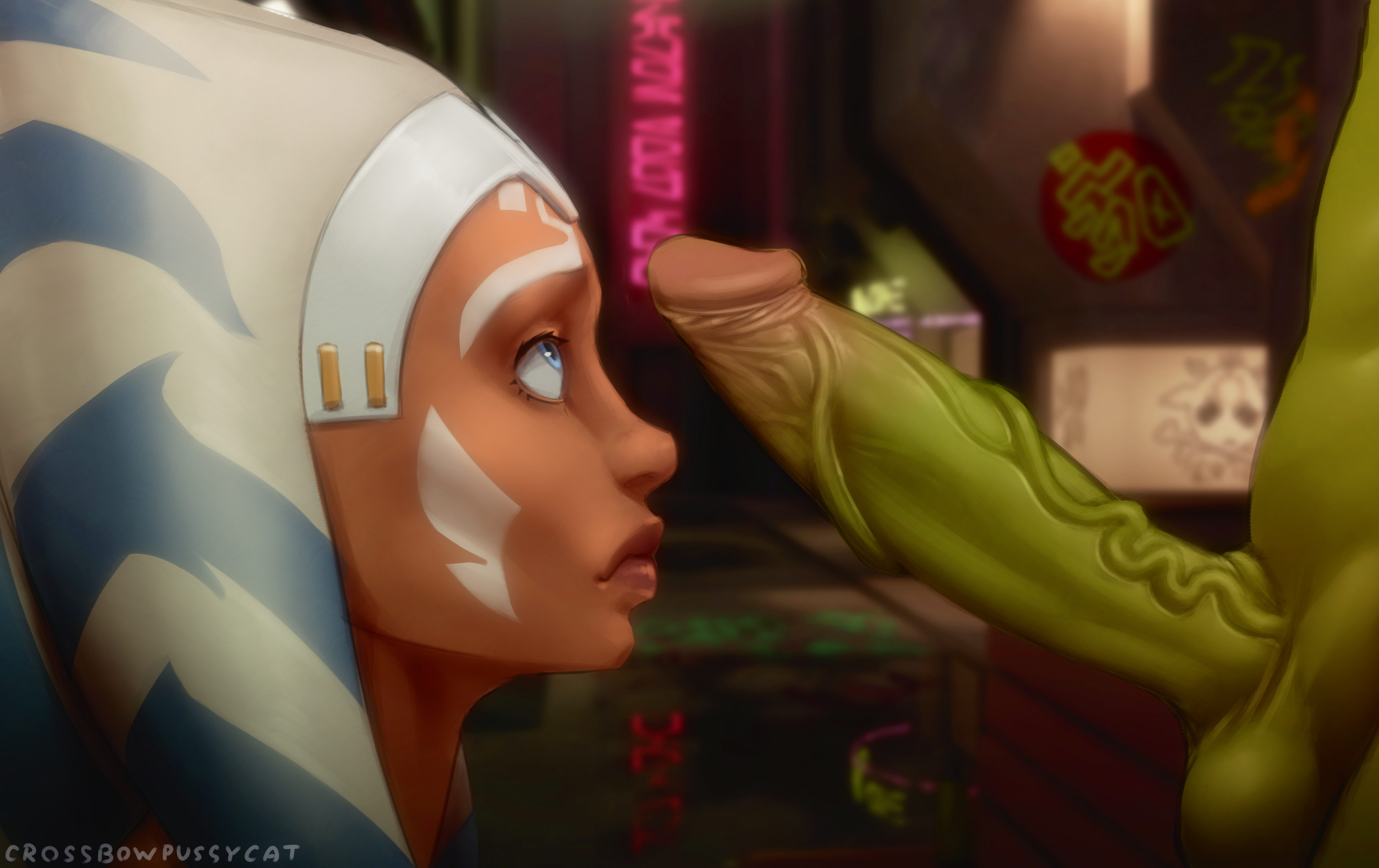 1boy, 1girls, ahsoka tano, alien, alien girl, balls, big penis, blue eyes, clone wars, crossbowpussycat, erection, female, green penis, green skin, lekku, looking at partner, male, nude, nude male, orange skin, penis, penis in front of face, star wars, testicles, the clone wars: season seven, togruta, unseen male face, veins, veiny penis, worried, worried look