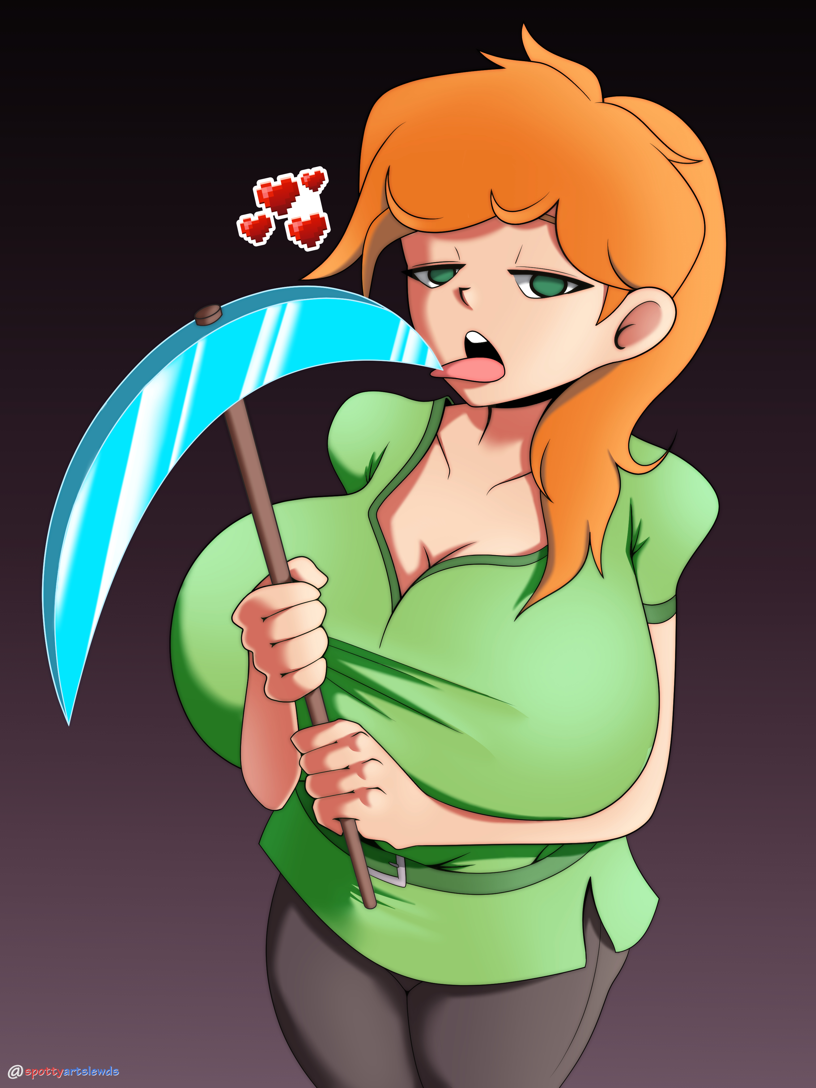 1girls, alex (minecraft), ass, big ass, big breasts, big butt, breasts, cleavage, female, female only, green eyes, heart, hi res, horny, hourglass figure, huge breasts, hyper breasts, licking, looking at viewer, minecraft, open mouth, orange hair, red hair, spottyartslewd