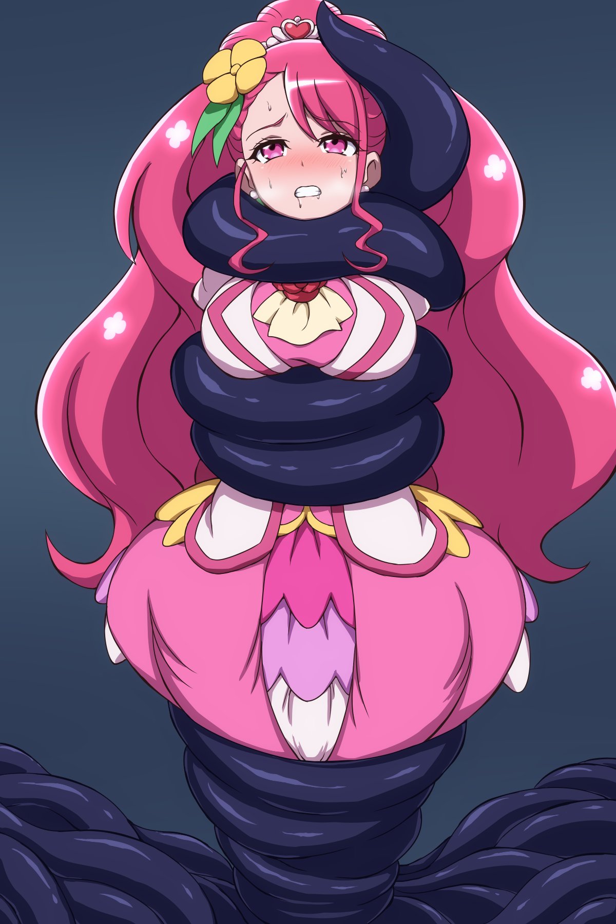 asphyxiation blush bound bound_legs clothing constriction cure_grace healin'_good_precure large_breasts okra_sticky pink_dress pink_eyes pink_hair pretty_cure saliva slime tentacle tentacle_around_neck tentacle_around_waist tight trapped