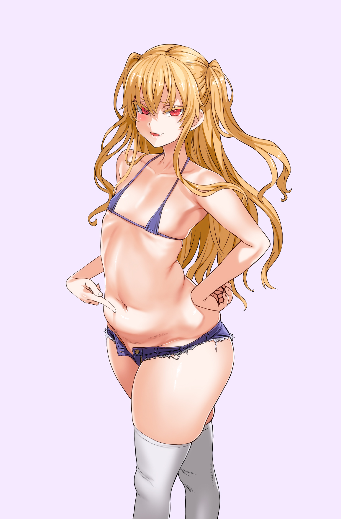 1girls, asanagi, bikini top, blonde hair, booty shorts, breasts, curvy, denim shorts, fangs, female, female only, flat chest, long hair, original, plump, red eyes, shorts, simple background, slightly chubby, small breasts, solo, thick thighs, thighhighs, tied hair, two side up