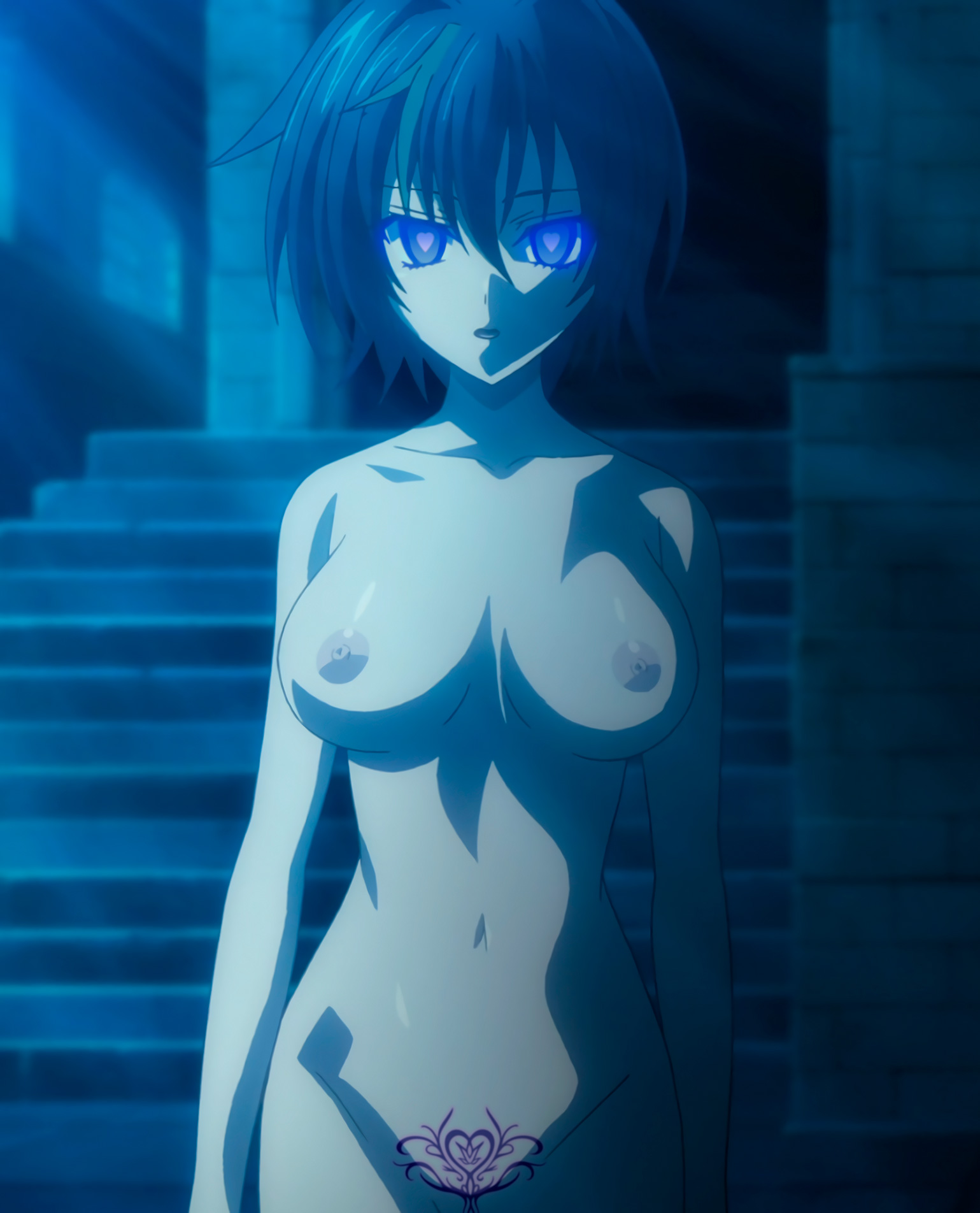 big breasts, blue hair, breasts, female, high school dxd, mind control, nipples, pubic tattoo, screencap, tattoo, xenovia quarta, yellow eyes