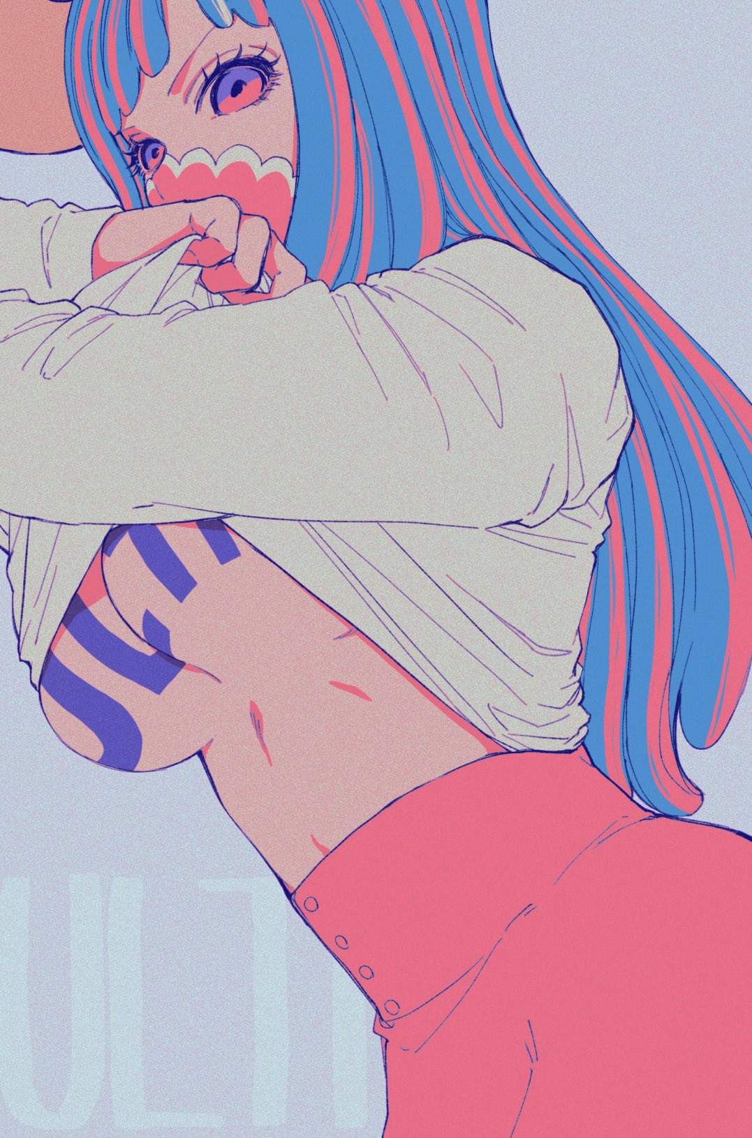 1girls, big breasts, blue hair, blue-haired female, breasts, female, female only, one piece, shirt, shirt lift, ulti (one piece), underboob, zhi (okkyoyo)