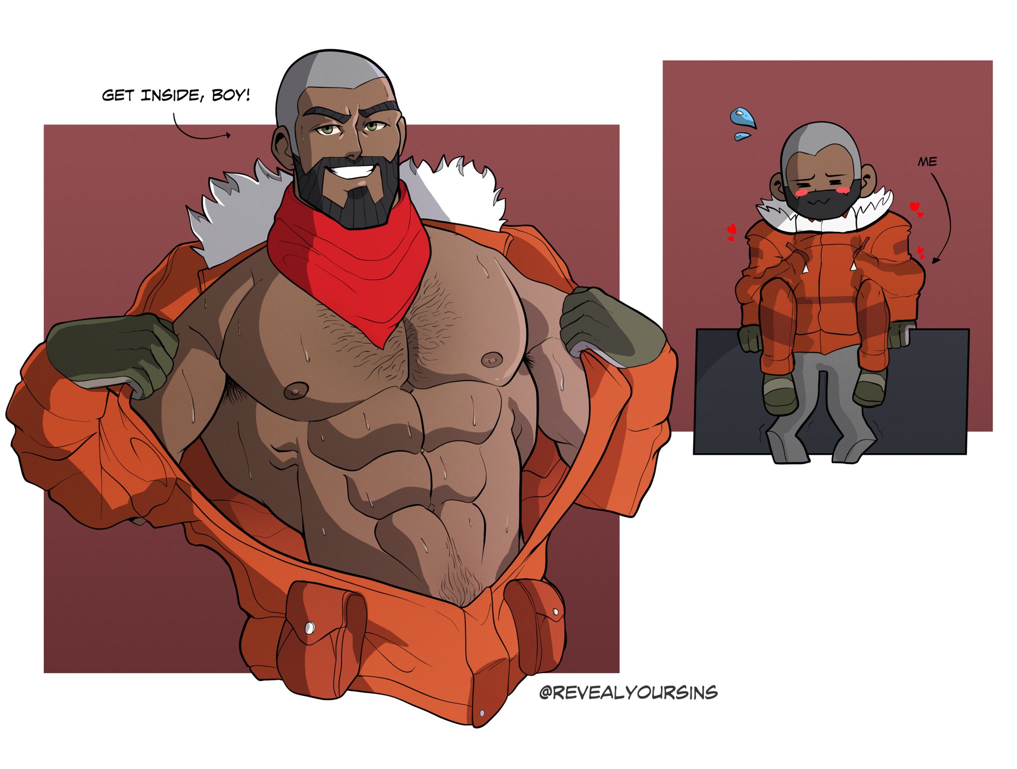 abs, ambiguous gender, beard, dark, dark skin, hairy, hairy chest, male, male focus, male only, male/ambiguous, muscles, npc trainer, older male, peony (pokemon), pokemon, pokemon ss, pokemon ss crown tundra, revealyoursins, sweat, sweating
