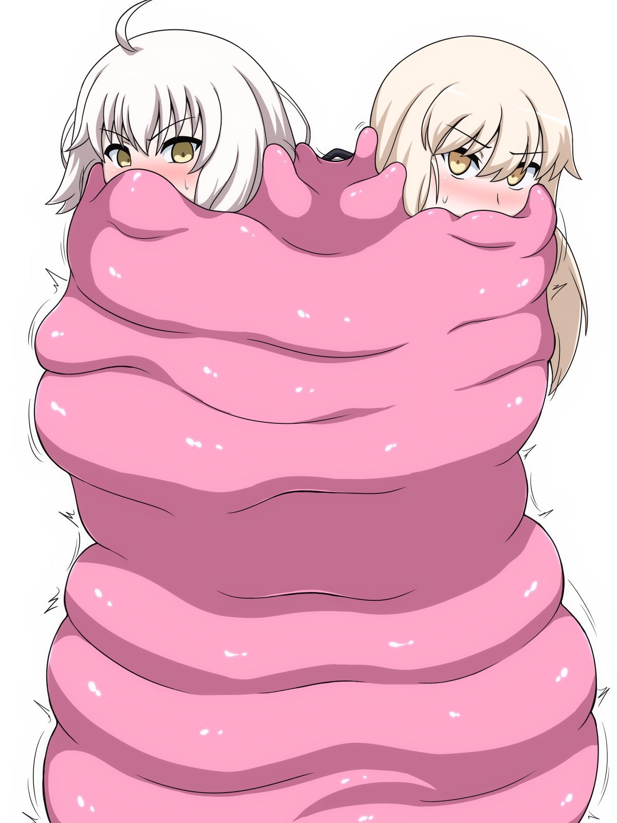 2girls blonde_hair bound_together covered_mouth female female_only gagged okra_sticky pink_slime slime slime_gag slime_vore vore white_hair