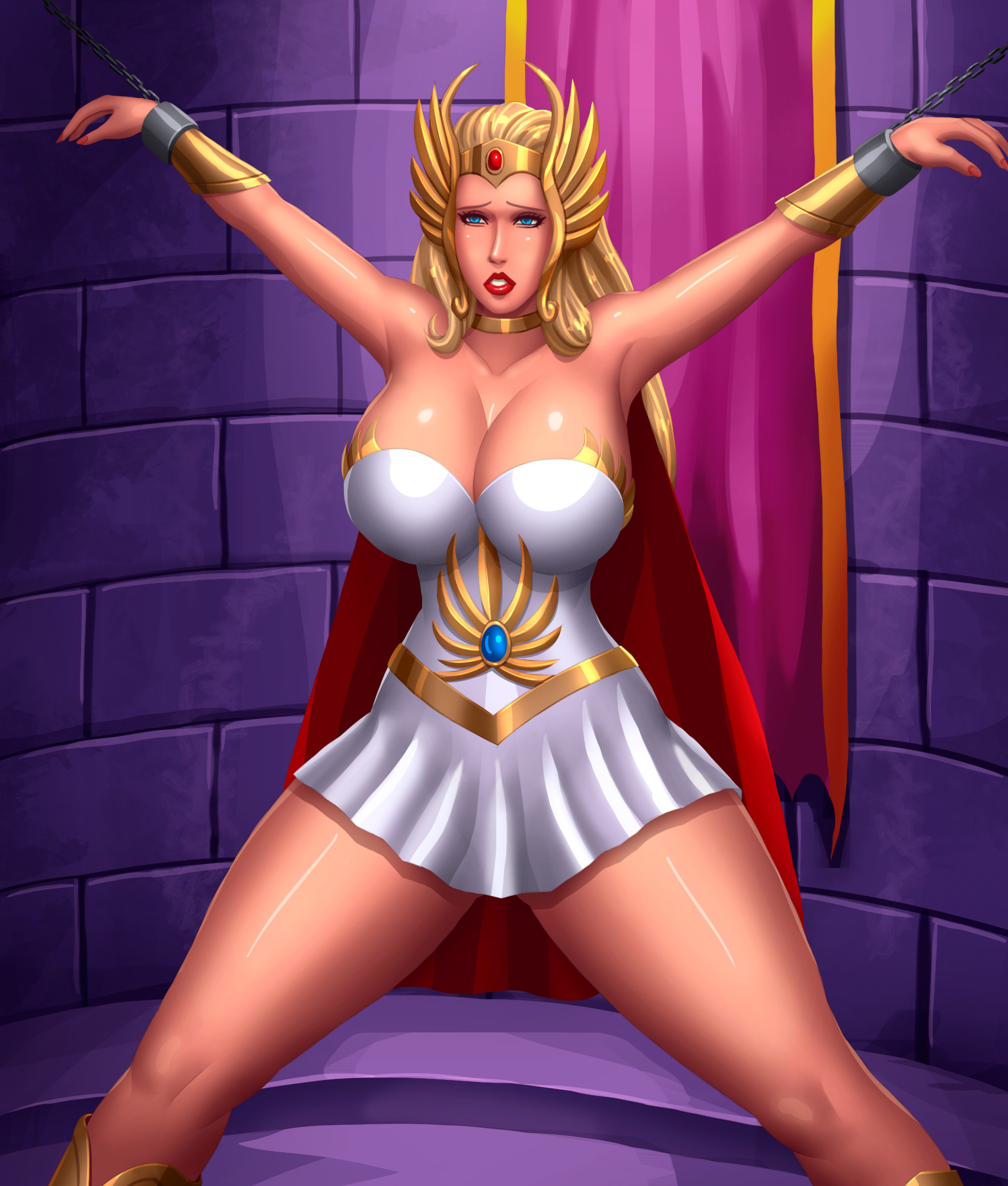 1girls, armpits, blonde hair, blue eyes, bondage, breasts, cape, captured, chained, chains, cleavage, clothed, collar, dress, dungeon, female, gauntlets, hi res, huge breasts, indoors, lipstick, long hair, masters of the universe, princess adora, shackles, she-ra, she-ra princess of power, shiny, solo, solo focus, spread eagle, standing, svoidist, thick thighs, tiara