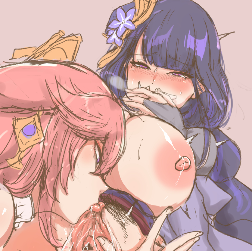 2girls blush breasts_out censored choker clitoral_stimulation clitoris cunnilingus duo female female_only genshin_impact hair_ornament large_breasts lesbian low-angle_view masso_nullbuilt nipples oral pink_hair pleasure_face pointless_censoring pubic_hair purple_hair pussy pussy_juice raiden_shogun spread_pussy sucking_clitoris yae_miko yuri