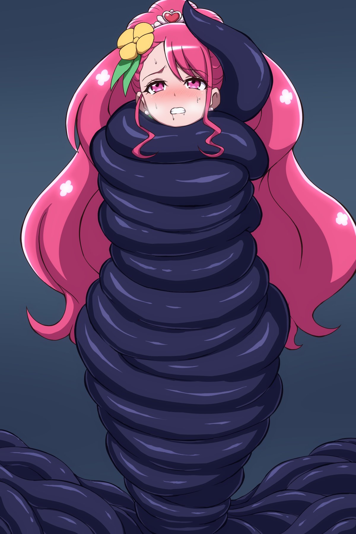 asphyxiation blush bound bound_legs consensual_tentacles constriction cure_grace hanadera_nodoka healin'_good_precure magical_girl okra_sticky pink_dress pink_eyes pink_hair precure pretty_cure saliva slime tentacle tentacle_around_neck tentacle_around_waist tight