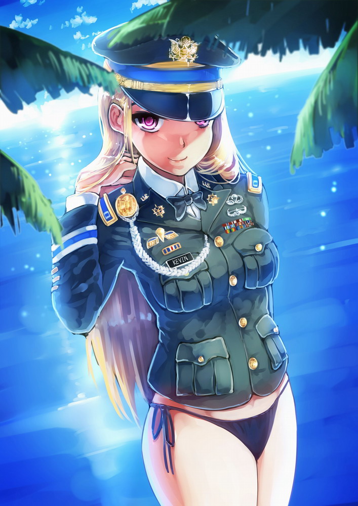 1girls bare_legs bare_thighs bikini bikini_bottom bikini_uniform black_bikini blonde_hair cap female military_uniform no_pants ocean original original_character partially_clothed pink_eyes sea side-tie_bikini sidelocks siqi_(miharuu) thick_thighs topwear