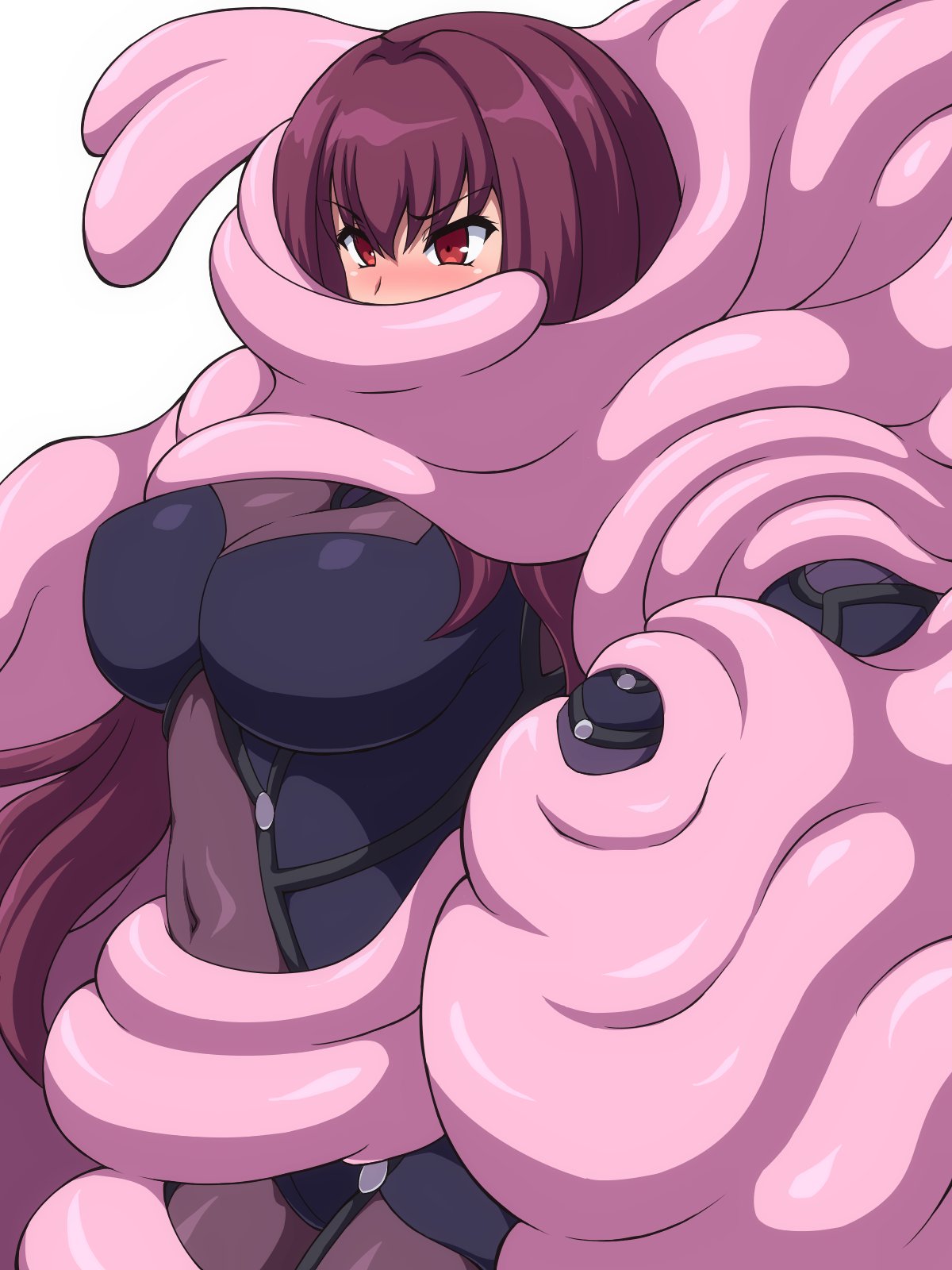 1girls bangs big_breasts blush bodysuit breasts covered_mouth covered_navel eyebrows_visible_through_hair fate/grand_order fate_(series) fully_clothed hair_between_eyes large_breasts long_hair maroon_hair okra_sticky red_eyes scathach_(fate) simple_background slime slime_bondage stuck v-shaped_eyebrows white_background