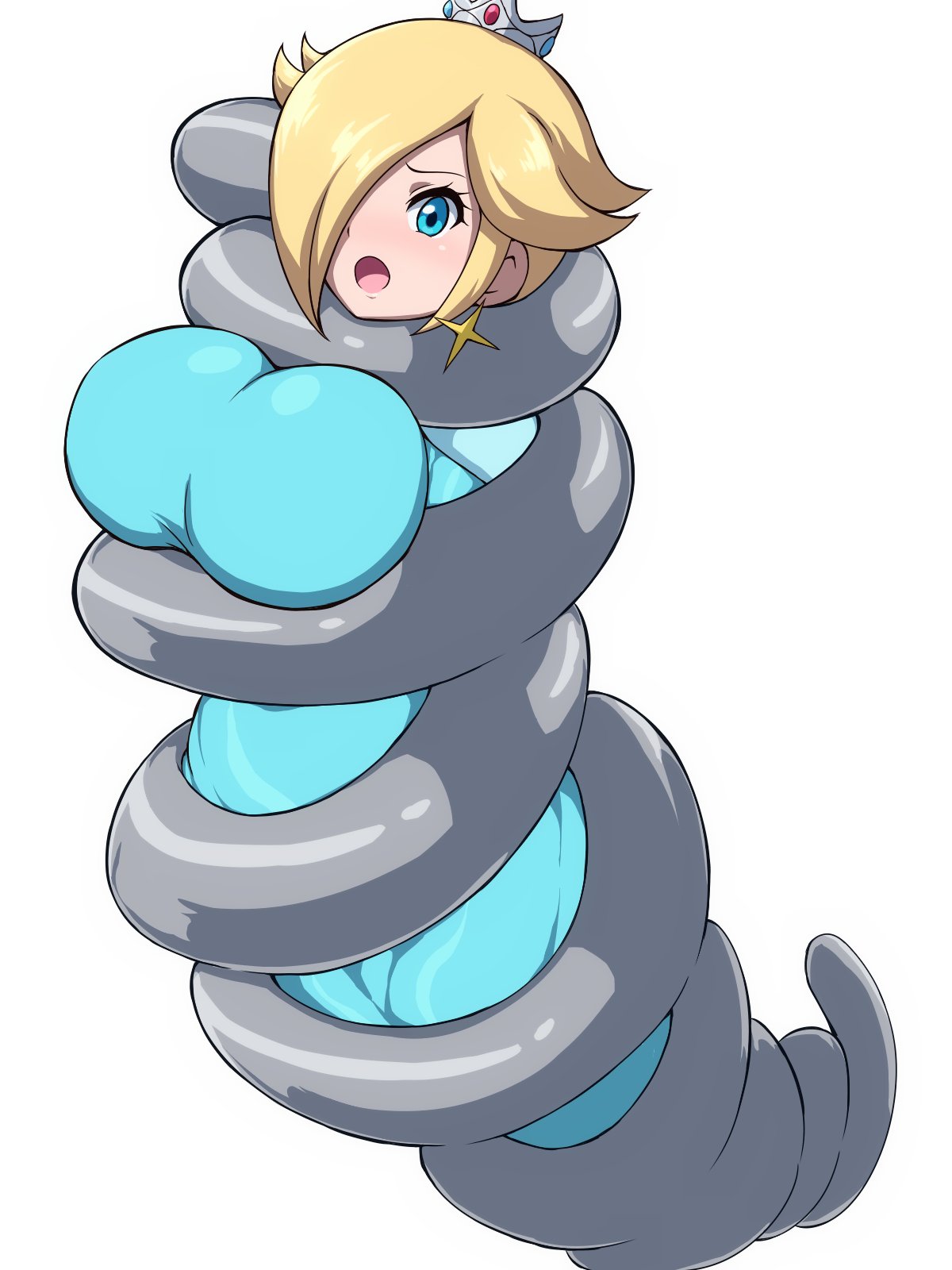 1girls, big breasts, blonde hair, blue dress, blue eyes, breasts, crown, dress, earrings, female, hair flaps, hair over one eye, mario (series), nintendo, okra sticky, open mouth, power up, princess rosalina, restrained, simple background, solo, spring, super mario galaxy, white background