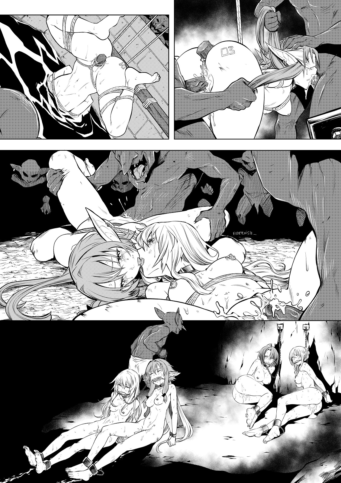 anal, artist request, bit gag, blindfold, blowjob, bondage, chains, elf, elf ears, eudetenis, fellatio, female, gag, imp, kissing, pointy ears, rape, triple penetration