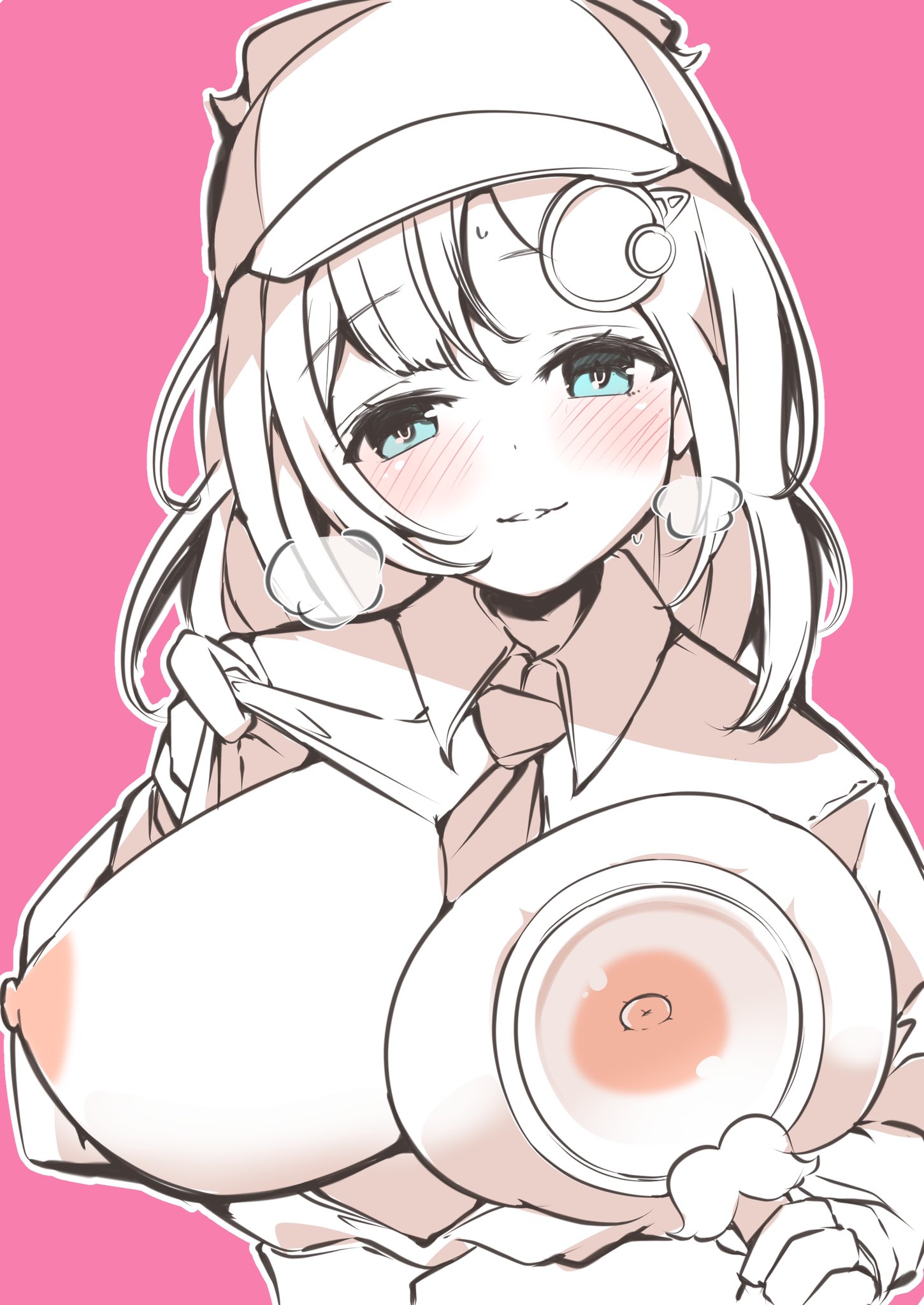 1girls, blush, breasts, female, hat, hololive, hololive english, hololive myth, huge breasts, magnifying glass, monochrome, pink background, solo, steamy breath, tie, tie between breasts, uedazirousan, unbuttoned shirt, virtual youtuber, watson amelia
