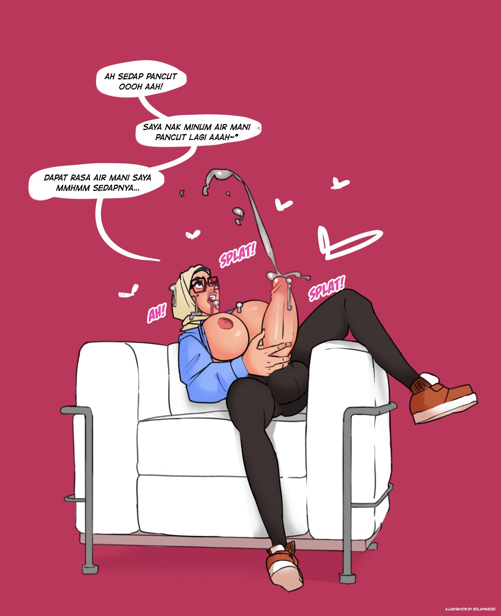 1futa, big breasts, big penis, bolapistarize, breasts, clothing, couch, cum, futa only, futanari, glasses, hijab, hijab futa, intersex, mole, mole under eye, muslim futa, penis, solo, translated
