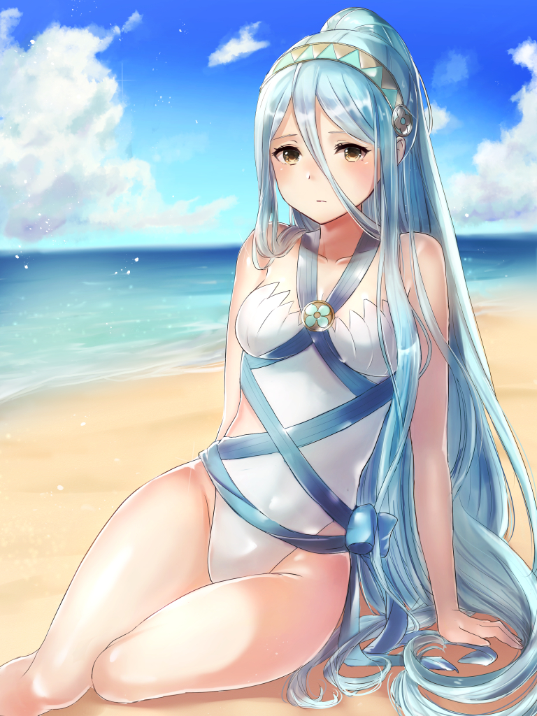 1girls, adapted costume, arm support, azura (fire emblem), beach, blue hair, blue sky, blush, breasts, cloud, collarbone, day, expressionless, female, fire emblem, fire emblem fates, hairband, haru (nakajou-28), highleg, highleg swimsuit, light blush, long blue hair, long hair, looking at viewer, medium breasts, nintendo, ocean, one-piece swimsuit, ponytail, sitting, sky, solo, solo female, swimsuit, thighs, very long hair, yellow eyes