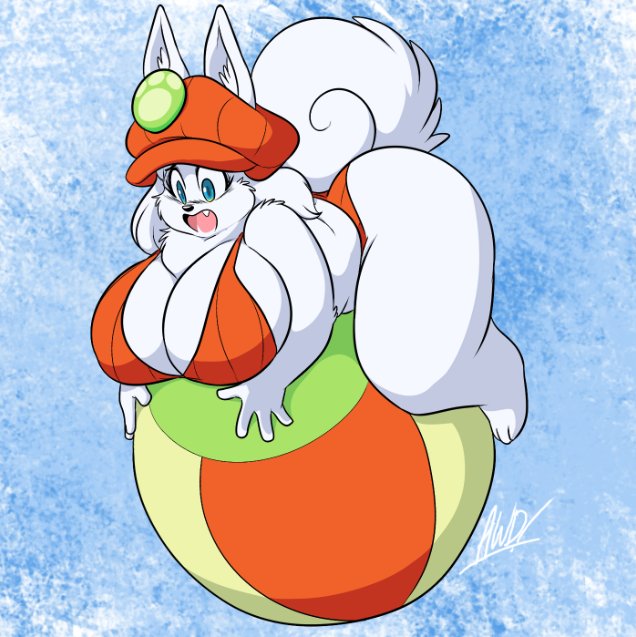 2018 andrew_dickman anthro awd beach_ball big_breasts bikini blue_eyes blush breasts canine fangs female female_only fluffy_tail furry large_breasts nervous oerba_yun_fang solo solo_female sweaterpuppy white_fur white_hair