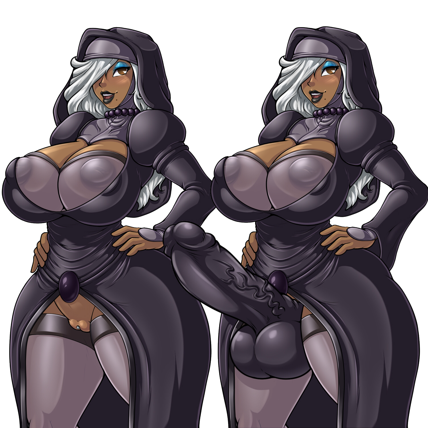 1futa, 1girls, adjatha, areolae, balls, big breasts, big penis, breasts, cleavage, cock sleeve (clothes), dickgirl, dildo, erection, female, futanari, huge breasts, huge cock, intersex, large breasts, looking at viewer, lorelei (tits), nipple bulge, nipples, nipples visible through clothing, nun, nun outfit, penis, pussy, testicles, trials in tainted space, voluptuous, wide hips