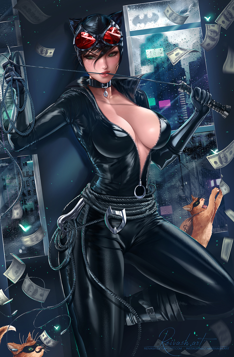 1girls barely_contained bat_signal batman_(series) breasts cat cat_ears catwoman cleavage clothed clothing collar dc_comics money night reivash selina_kyle solo thief tight_clothing whip zipper