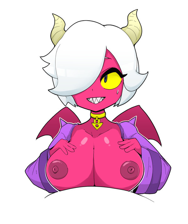 brawl stars, breasts, breasts out, clothed, clothes, colette (brawl stars), demon, demon girl, demon horns, eyelash, female, fufucatu, hair over one eye, horn, horns, large breasts, necklace, nipples, red skin, shiny skin, shirt, smiling, trixie colette (brawl stars), white hair, white horns, yellow sclera