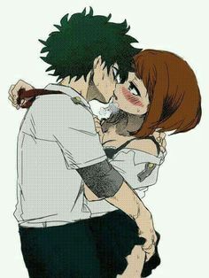 1boy, 1girls, ass, ass grab, blush, brown hair, brown-haired female, female, grabbing ass, grabbing from behind, green hair, green-haired male, izuku midoriya, kissing, looking at another, looking at partner, love, male, my hero academia, ochako uraraka, taking clothes off, u.a. school uniform, wholesome