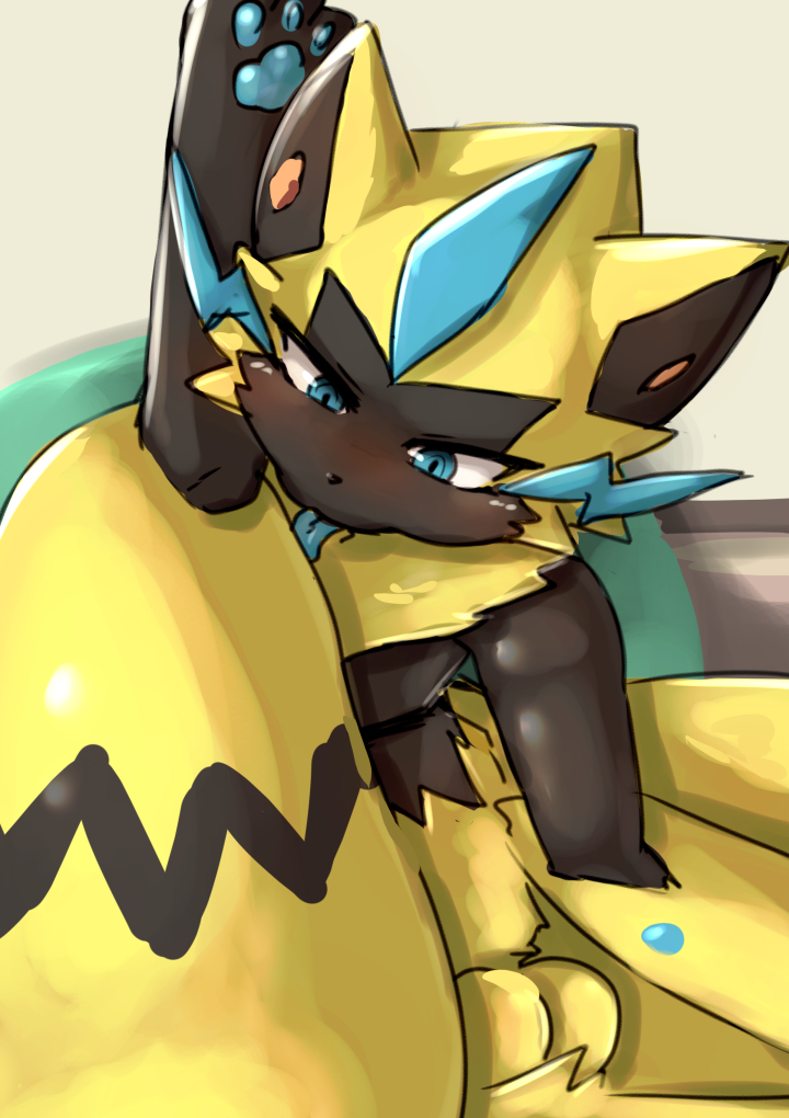 1boy anthro anus ass balls blue_eyes blush claws cute feline fluffy fluffy_tail fur furry heart kemosara licking male male_only mammal nintendo open_mouth pawpads paws pokémon_(species) pokemon precum solo sweat tail tongue tongue_out yellow_body yellow_fur zeraora