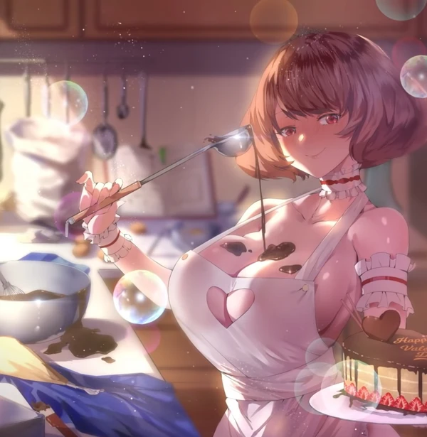 anna_(illusion_connect) apron apron_only big_breasts blurry_background blush book bowl breasts brown_hair brush cake camera chocolate chocolate_on_breasts counter food_on_breasts frilled_armband frilled_choker frilled_wrist_cuffs frills happy_valentine heart_cutout heart_shape huge_breasts illusion_connect kitchen kitchen_cabinet kitchen_counter kitchen_sink kitchen_spatula kitchen_utensils ladle large_breasts lens_flare light_skin lips looking_at_viewer naked_apron plate red_eyes sack short_hair smile sms0000 soap_bubbles spatula strawberries strawberry sunlight wooden_floor wrist_cuffs