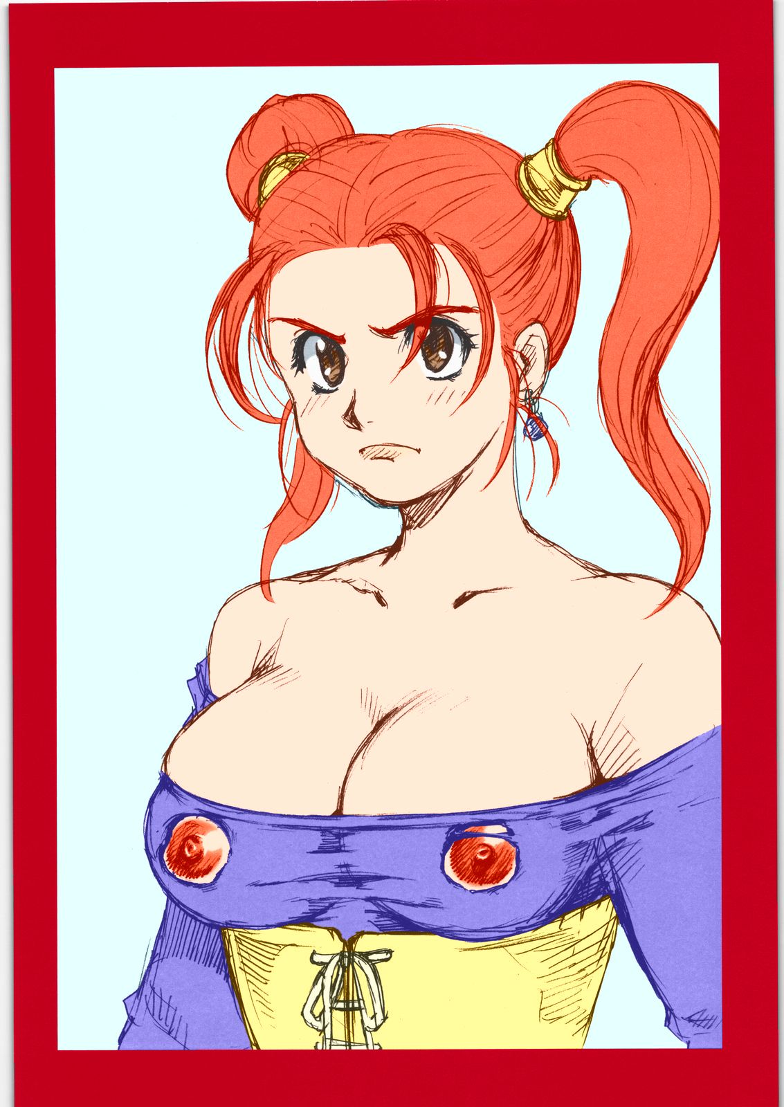 breasts clothing dragon_quest dragon_quest_viii earrings exposed_nipples frown jessica_albert machwing medium_breasts nipples orange_hair raiun torn_clothes