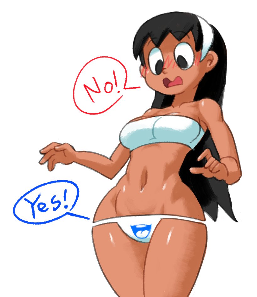 1girls, black hair, blush, confusion, dark skin, dark-skinned female, female, half-dressed, hourglass figure, long blonde hair, long hair, minus8, minus8 (character), minus8 (rule63), original, rule 63, solo, tagme, tan skin, thick thighs, toned, toned female, wide hips