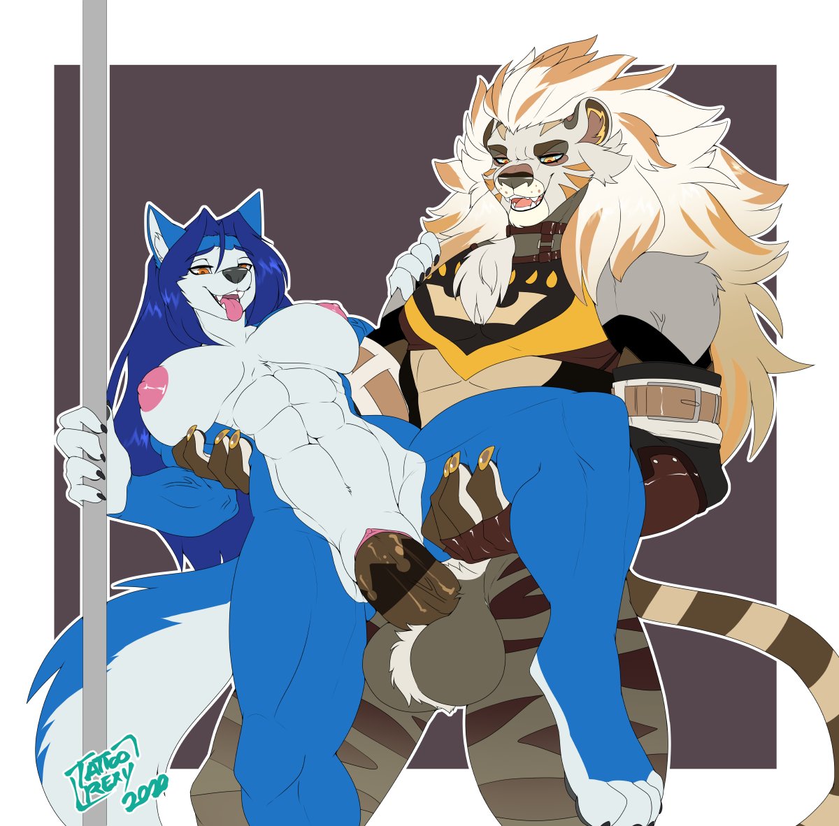 anthro anthro_on_anthro balls blue_body blue_fur blue_hair breasts brown_body brown_fur canid canine canis claws clothed clothing duo fangs felid female female_penetrated fluffy fluffy_tail fur furry furry_only genitals hair hopey interspecies lion looking_pleasured male male/female male_penetrating male_penetrating_female mammal multicolored_body multicolored_fur muscular muscular_anthro muscular_female muscular_male nipples open_mouth open_smile orange_eyes orgasm orgasm_face pantherine partially_clothed penetration penis pole pussy sex simple_background smile straight tail tattoorexy teeth tongue tongue_out two_tone_body two_tone_fur vaginal_penetration vein veiny_penis white_body white_fur wolf