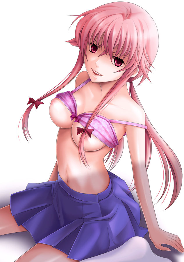 big_breasts clothed female gasai_yuno mirai_nikki nude nude_female pink_eyes pink_hair school_uniform