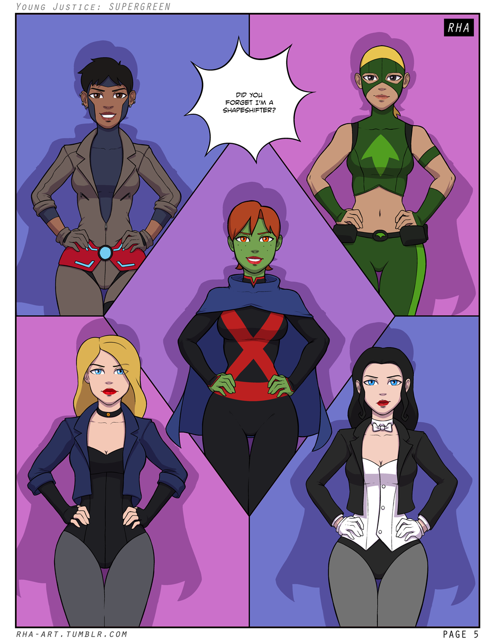 5girls aged_up alien alien_girl artemis_crock black_bodysuit black_canary black_canary_(young_justice) black_hair blonde_hair blue_bodysuit blue_cape blue_eyes bodysuit bow_tie brown_eyes brown_lips cape choker cleavage comic dark-skinned_female dc dc_comics dinah_lance earrings english_text female_only fingerless_gloves freckles ginger gloves green_arrow_(series) green_skin grey_eyes grey_gloves hair_over_one_eye hands_on_hips hourglass_figure large_breasts leather_jacket leotard long_hair looking_at_viewer magician medium_breasts megan_morse midriff miss_martian navel orange_eyes orange_hair overalls panties pantyhose ponytail raquel_ervin red_hair red_lips red_lipstick rha shape_shifter shapeshifter shapeshifting short_hair small_breasts smiling smiling_at_viewer straight_hair text text_bubble thigh_gap tuxedo_jacket white_corset white_gloves young_justice zatanna zatanna_(young_justice) zatanna_zatara