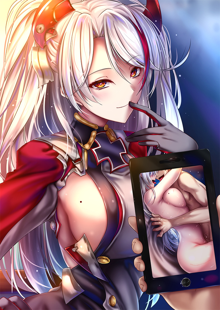 1boy akeyama_kitsune azur_lane bangs blush breasts cellphone cellphone_picture female gloves hair_ornament large_breasts long_hair long_sleeves looking_at_viewer mole mole_on_breast multicolored_hair nude orange_eyes phone photo_comparison photographic_proof prinz_eugen_(azur_lane) red_hair sex sideboob silver_hair smile streaked_hair swept_bangs two_side_up