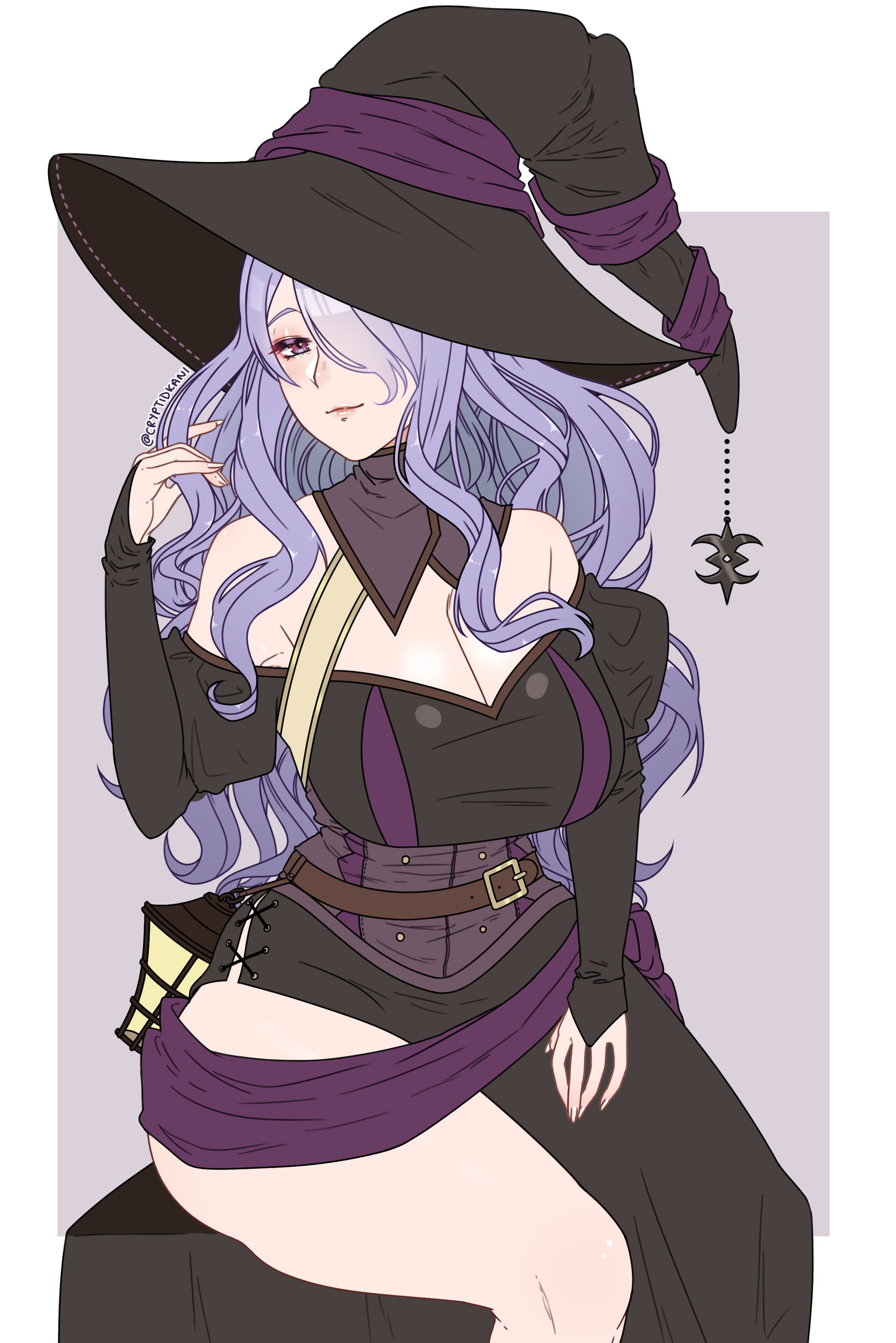1girls, alternate costume, bare legs, bare thighs, big breasts, breasts, camilla (fire emblem), cleavage, cryptid crab, elbow gloves, female, fingerless gloves, fire emblem, fire emblem fates, gloves, halloween, halloween costume, huge breasts, lamp, large breasts, lips, long hair, looking at viewer, milf, nintendo, one eye covered, playing with hair, purple eyes, purple hair, smile, solo, solo female, thighs, witch, witch hat