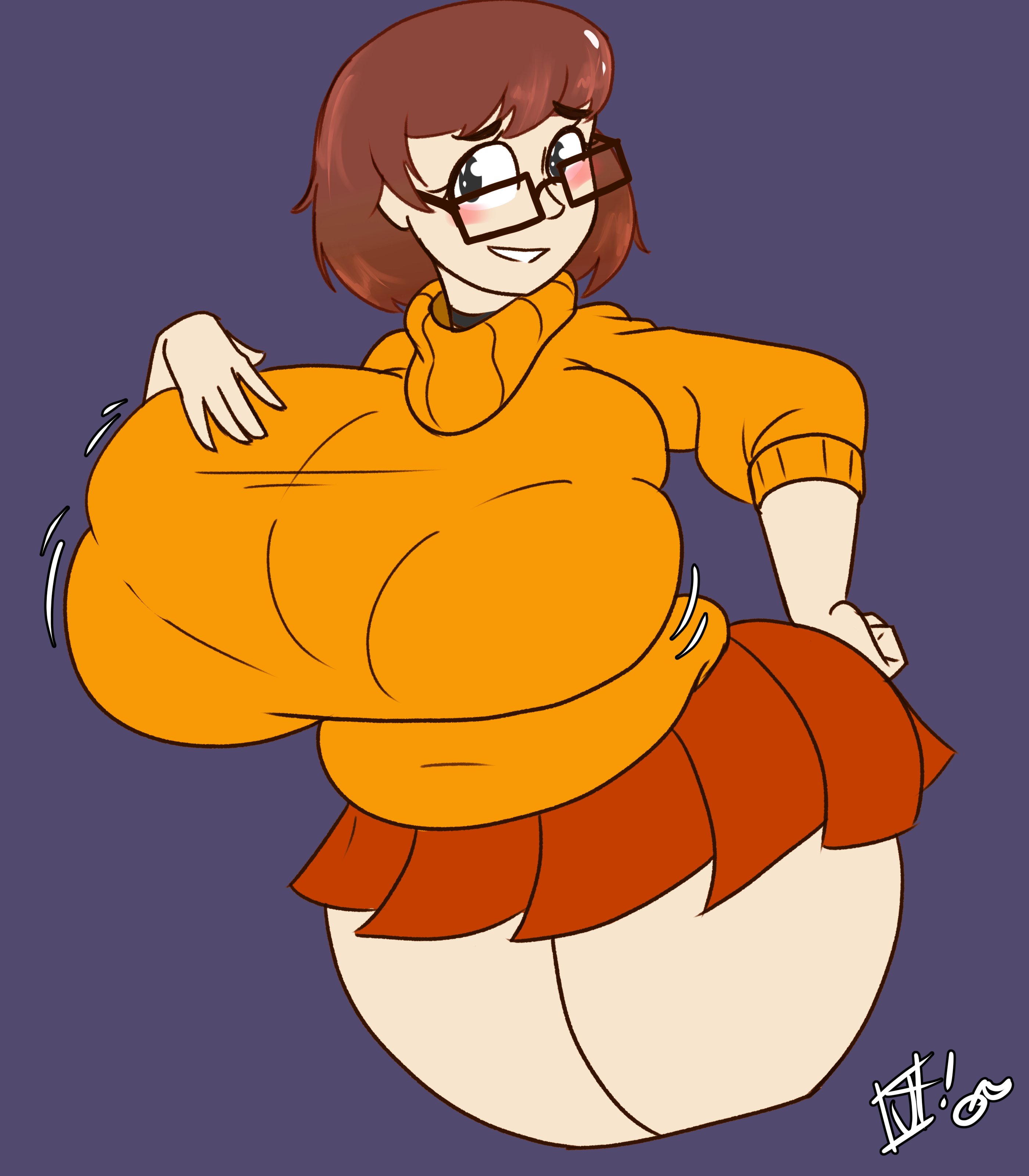 ass, big breasts, breasts, breasts bigger than head, brown hair, chubby, female, glasses, hanna-barbera, huge ass, huge breasts, huge butt, juice inyoureye (artist), large ass, orange sweater, pale skin, red skirt, scooby-doo, signature, slightly chubby, text, thick thighs, velma dinkley