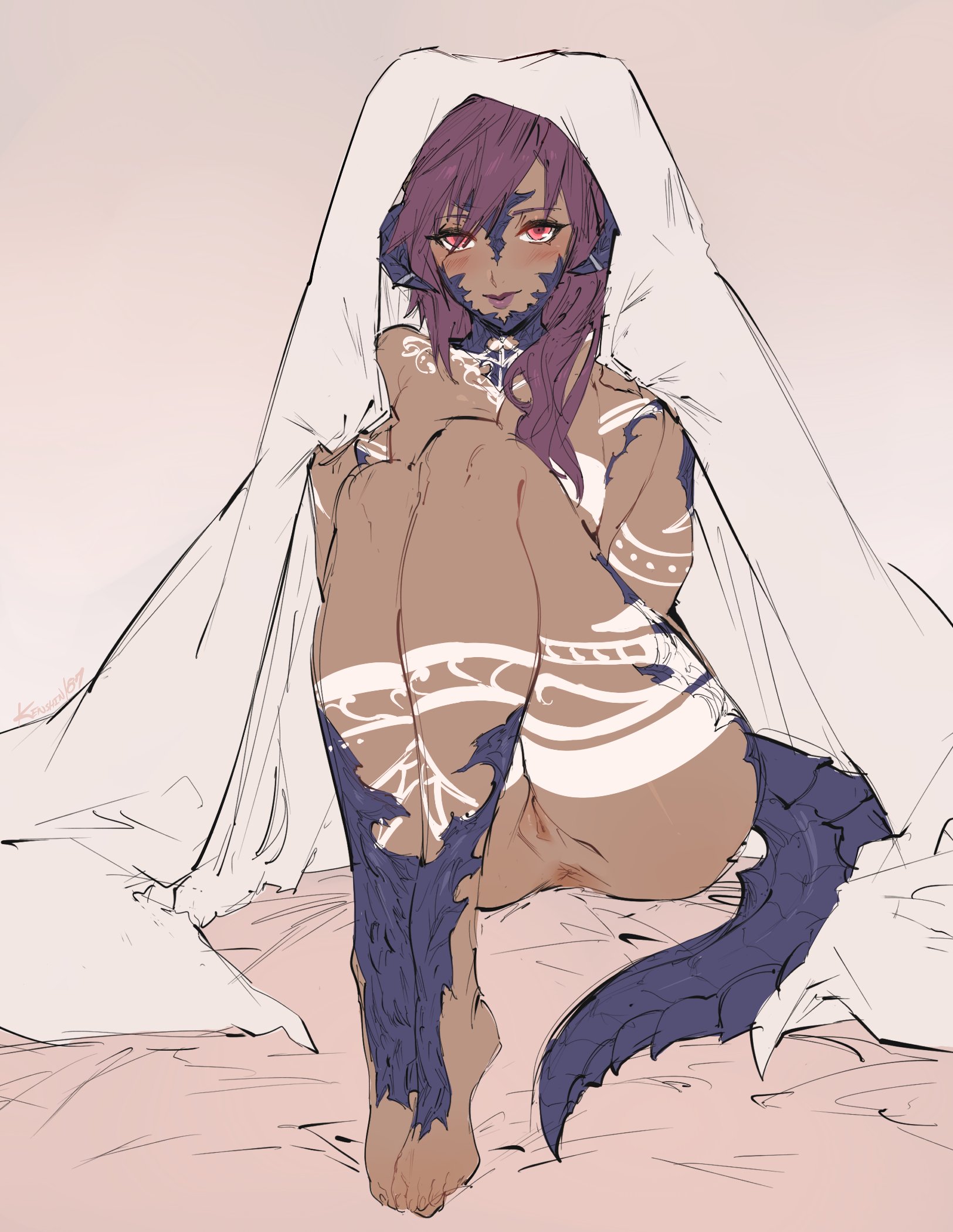 1girls, anus, au ra, feet, female, female only, final fantasy, final fantasy xiv, kenshin187, looking at viewer, pussy, spread legs, thick thighs, xaela