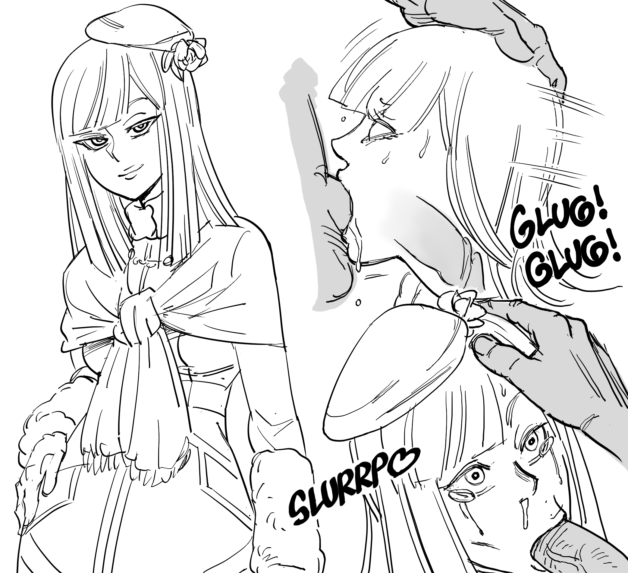 bb (baalbuddy), blowjob, breasts, clothed, clothed female, clothed female nude male, deepthroat, fate (series), fate/grand order, fellatio, female, female focus, highres, lord el-melloi ii case files, male, monochrome, reines el-melloi archisorte, simple background, small breasts, straight, tagme, white background, young