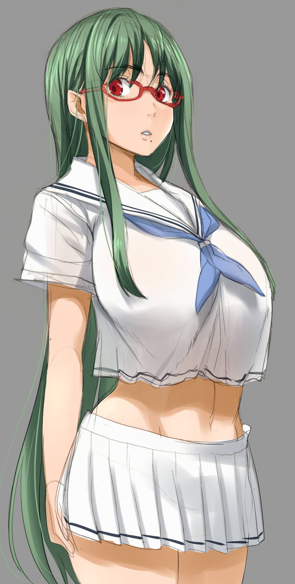 1girls beauty_mark breasts clothed clothed_female eyebrows_visible_through_hair eyewear female female_only glasses green_hair kloah large_breasts long_hair mole open_mouth original original_character otsuka_ren red_eyes sailor_uniform skirt solo solo_female standing very_long_hair