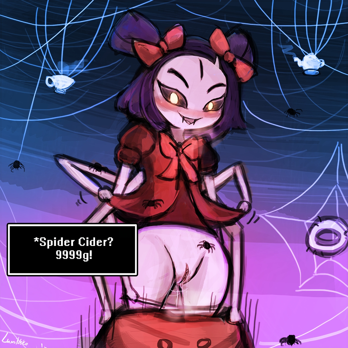 6 arms, clothing lift, clothing pull, exposed pussy, exposing self, female, muffet, multi arm, multi limb, pussy, pussy juice, solo, tagme, undertale