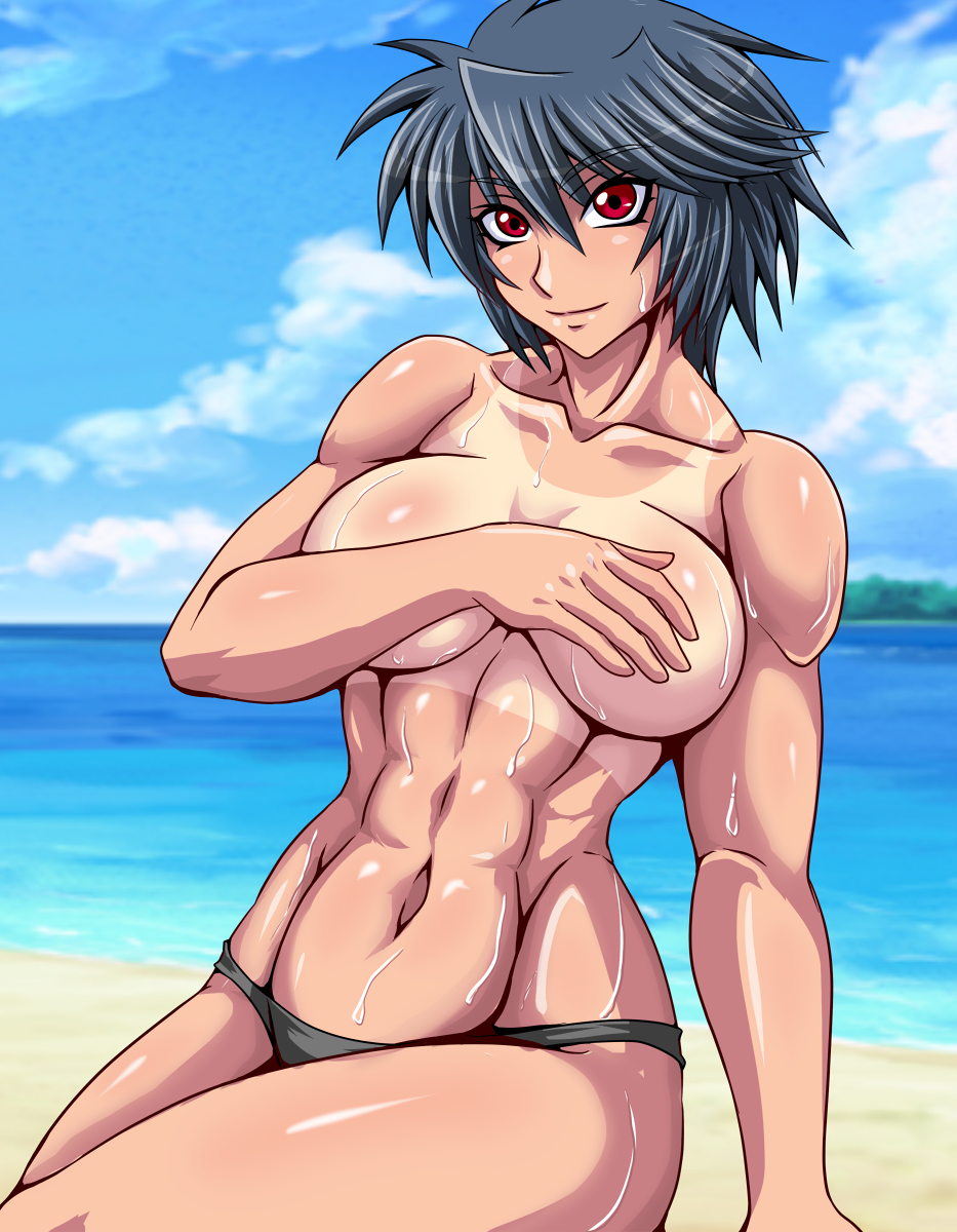 abs beach covering_breasts muscular_female red_eyes sweat taroimo_(00120014) topless