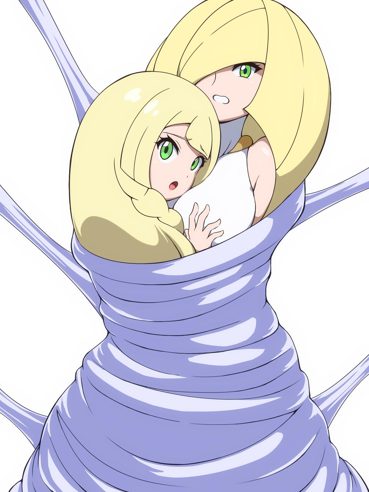 2girls blonde_hair bondage bound bound_together breasts cocoon cocooned damsel damsel_in_distress daughter eyelashes femsub green_eyes hair_ornament hair_over_one_eye head_on_breasts hostage huge_breasts lillie_(pokemon) looking_at_viewer lusamine_(pokemon) mature_female milf mother_and_daughter nintendo okra_sticky open_mouth pokemon pokemon_sm restrained simple_background squeeze sticky submissive submissive_female tied_together tied_up tight tight_fit trapped web web_bondage webbed white_background