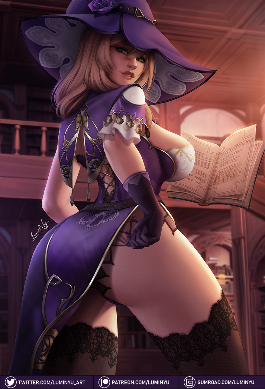 1girls, ass, back, back view, big ass, big breasts, big butt, book, breasts, brown hair, busty, curvaceous, curvy, female, female focus, female only, genshin impact, green eyes, hat, huge ass, large breasts, light-skinned female, lisa (genshin impact), long hair, looking at viewer, looking back, luminyu, smile, smiling, solo, solo focus, tagme, thick, thick thighs, thighs, voluptuous, witch, witch hat, wizard hat