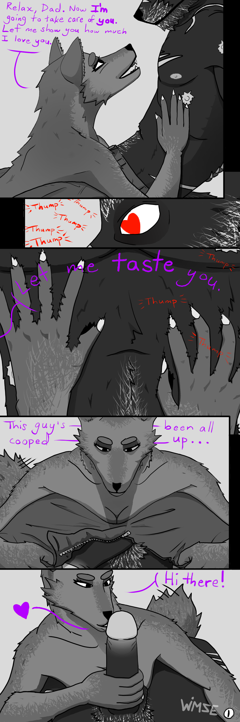 <3_eyes 1:3 4_toes 5_fingers absurd_res age_difference anthro apollo_(wimse) athletic athletic_anthro athletic_male black_body black_fur bottomwear breasts canid canine canis claws cleavage clothed clothing comic daughter denim denim_clothing dialogue duo english_text father father_and_child father_and_daughter fellatio female fingers fluffy fur genitals grey_body grey_fur grey_hair hair heart heartbeat hi_res incest jeans kissing male mammal monday_(wimse) muscular muscular_anthro muscular_male nipples oral pants parent parent_and_child penile penis penis_kissing playful romantic_couple romantic_sex scar sex size_difference straight tailwag text toes undressing undressing_partner wimse wolf